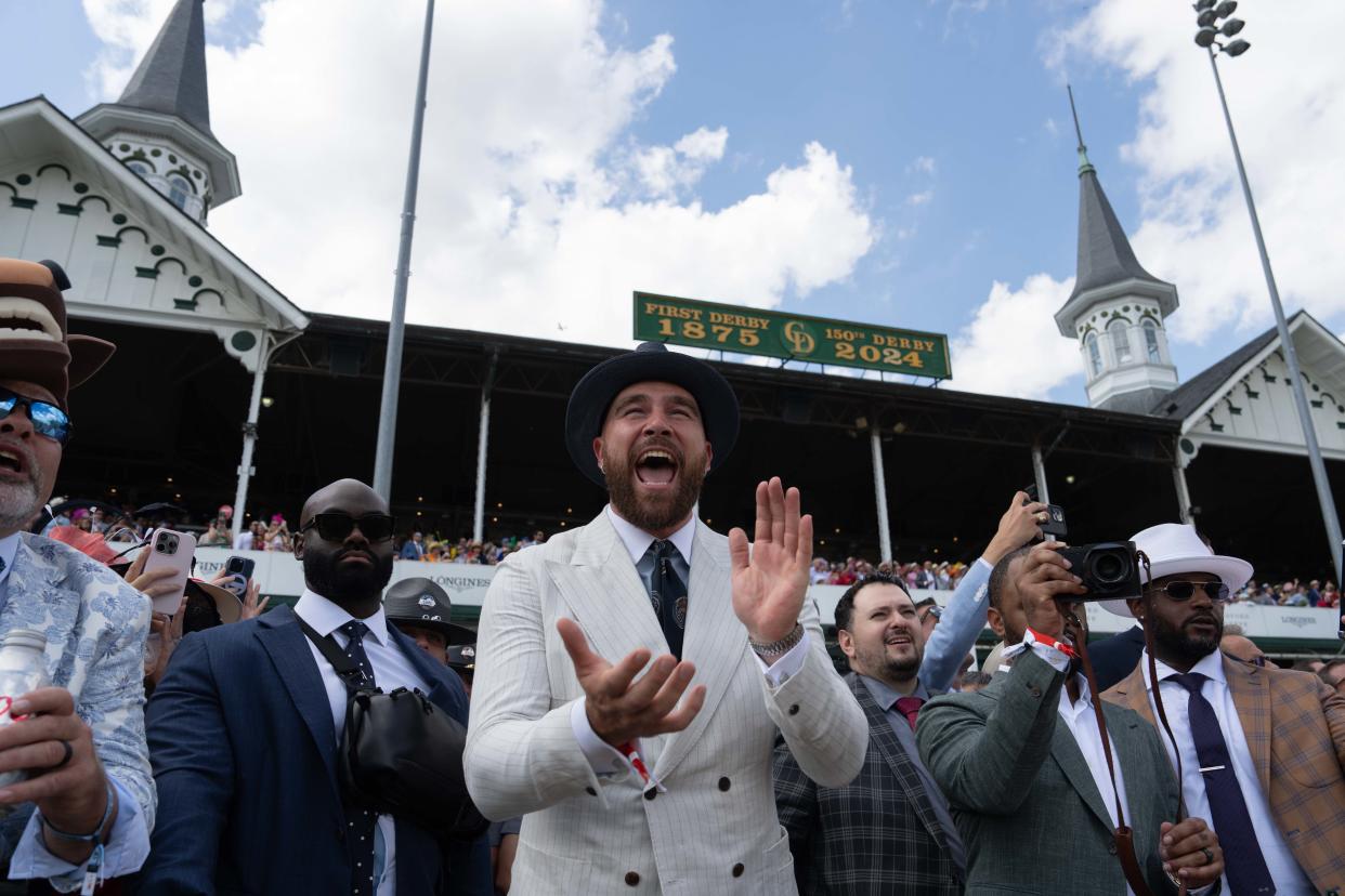 Travis Kelce cheers on Lord Bullingdon and Noted in the ninth race of the 150th Kentucky Derby day at Churchill Downs on Saturday, May 4, 2024.