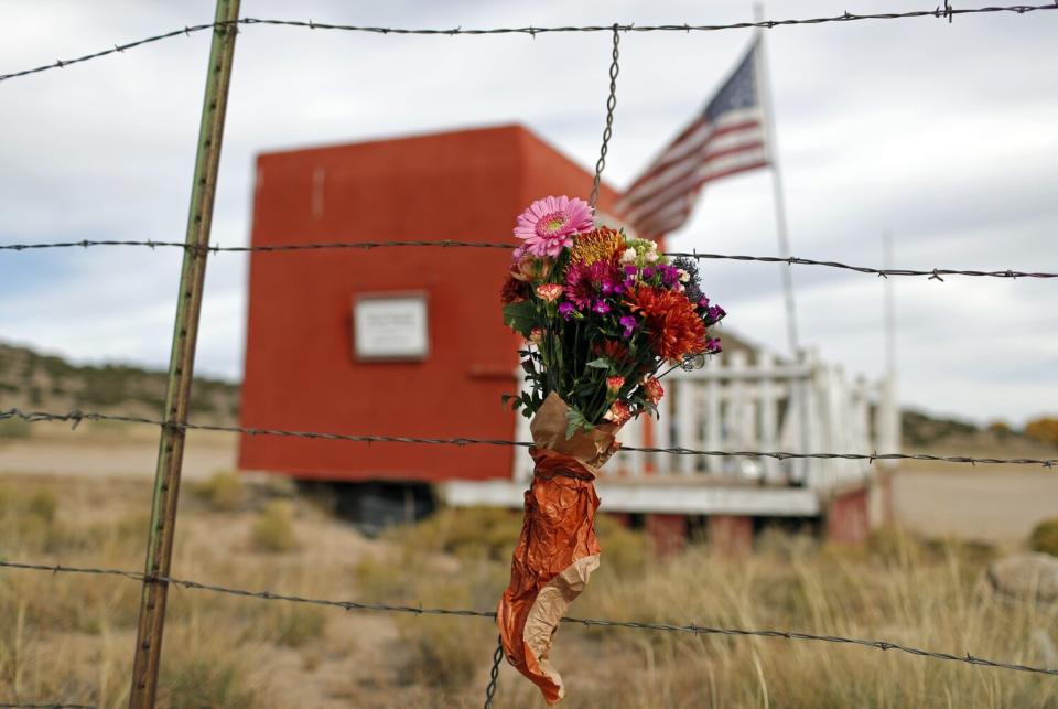 A flower bouquet hangs outside the Bonanza Creek Film Ranch in Santa Fe.