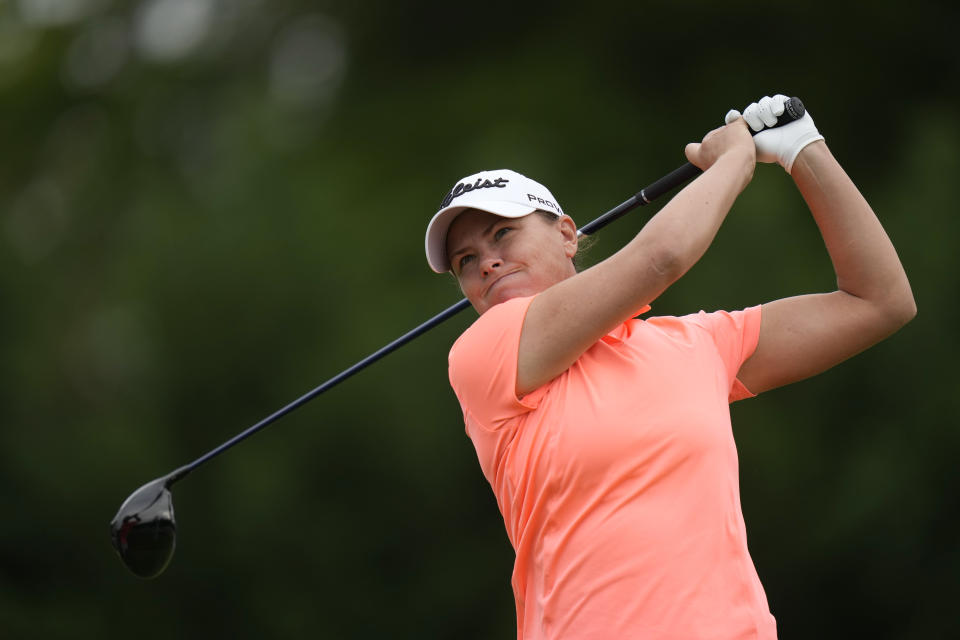 Lee-Anne Pace, of South Africa, tees off on the 14th hole during the first round of the Women's PGA Championship golf tournament, Thursday, June 22, 2023, in Springfield, N.J. (AP Photo/Seth Wenig)
