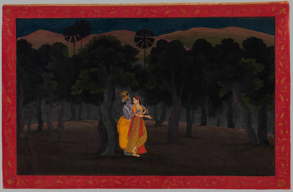 "The Lovers Radha and Krishna in a Palm Grove."&nbsp;Illustrated folio from the dispersed "Second" or "Tehri&nbsp;Garhwal" Gita Govinda (Song of the Cowherds)&nbsp;Punjab Hills, kingdom of Kangra or Guler, ca. 1775&ndash;80.&nbsp;Opaque watercolor and gold on paper; red border&nbsp;decorated with gold arabesque, with black inner rules;&nbsp;painting 6 x 9 7/8 in.&nbsp;Promised Gift of the Kronos Collections, 2015&nbsp;