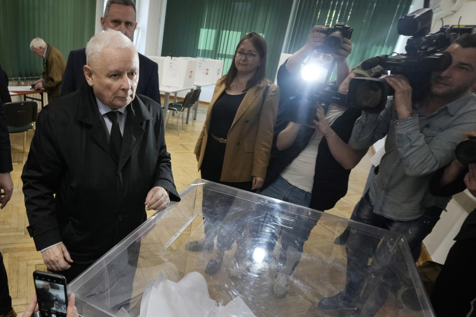 Jaroslaw Kaczynski, the leader of the opposition conservative Law and Justice party, votes in Poland's local elections in Warsaw, Poland, on Sunday April, 7, 2024. The vote is the first test at the ballot box for Prime Minister Donald Tusk four months after he took office. (AP Photo/Czarek Sokolowski)