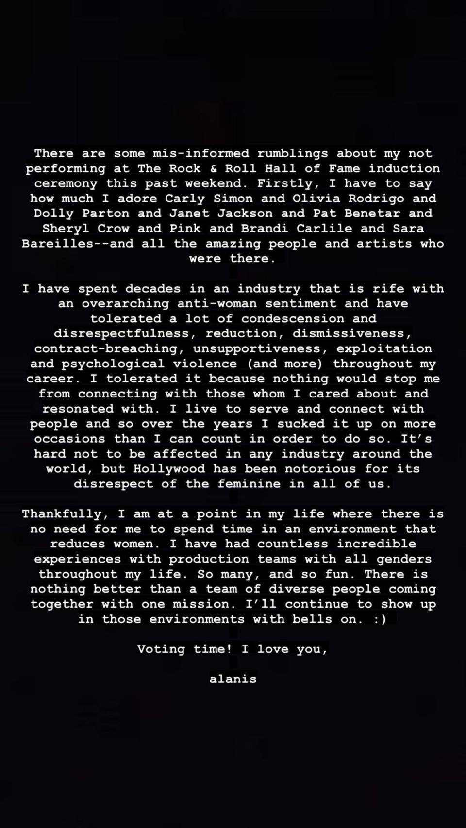 Alanis Morissette’s statement (Alanis Morissette/Instagram)