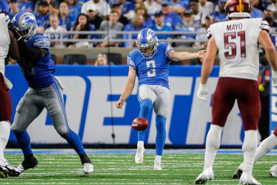 Sep 18, 2022; Detroit, Michigan, USA; Detroit Lions punter Jack Fox (3) punts against the Washington Commanders during the second half at Ford Field.