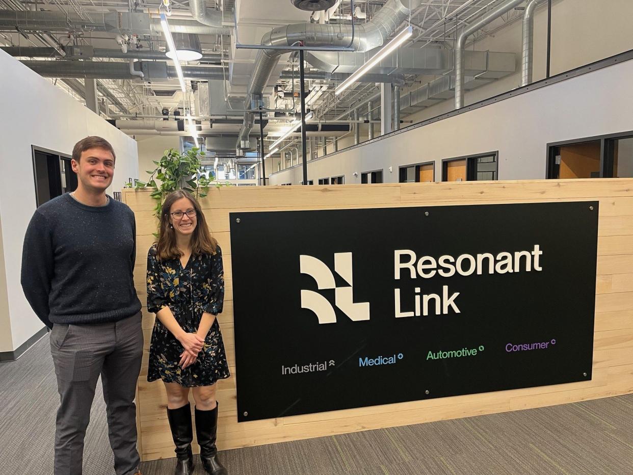 Grayson Zulauf, chief executive officer and co-founder of Resonant Link, and Rachel Allard, senior director of marketing as seen at the company's headquarters and production facility in South Burlington on Jan. 31, 2024.