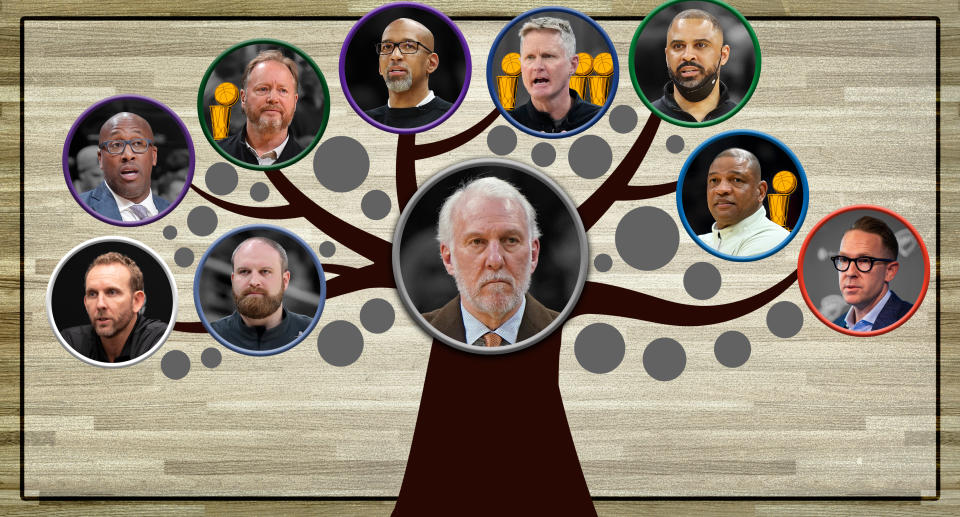 The influence of San Antonio Spurs head coach Gregg Popovich (middle) on the NBA is profound.  From top left to right going clockwise, a look at one tree in his vast forest: Mike Brown (Sacramento head coach), Mike Budenholzer (Milwaukee head coach), Monty Williams (Phoenix head coach), Steve Kerr (Golden State head coach) , Ime Udoka (Boston head coach), Doc Rivers (Philadelphia head coach), Sam Presti (Oklahoma City GM), Taylor Jenkins (Memphis head coach) and Sean Marks (Brooklyn GM).  Illustration by Michael Wagstaffe.  (Michael Wagstaffe/Yahoo Sports) 