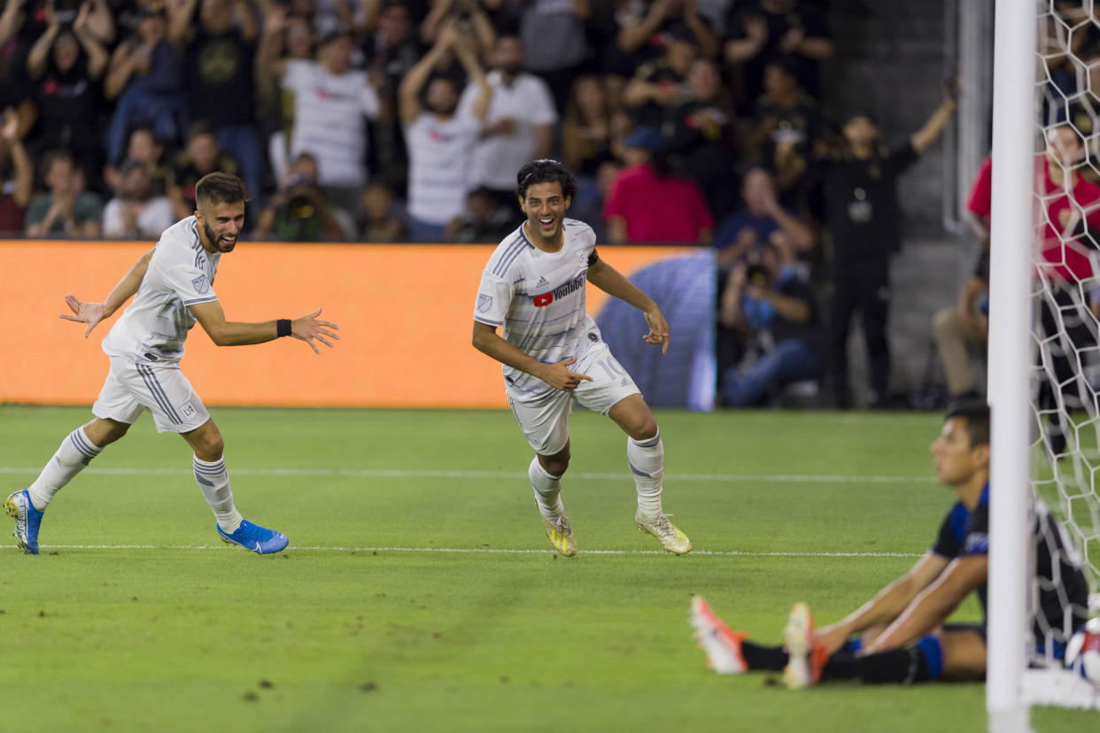 Aug 21, 2019; Los Angeles, CA, USA; Los Angeles FC forward Carlos Vela (10) celebrates after his goal during the first half against the San Jose Earthquakes at Banc of California Stadium. Mandatory Credit: Kelvin Kuo-USA TODAY Sports