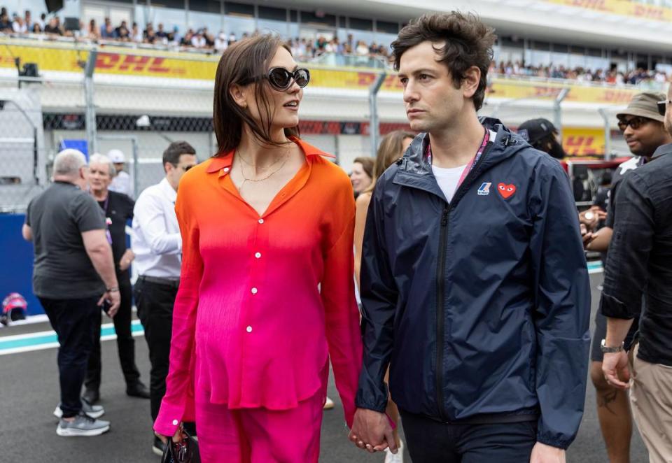 Karlie Kloss, left, and her husband, Joshua Kushner, are seen at the grid before the start of the Formula One Miami Grand Prix at the Miami International Autodrome on Sunday, May 7, 2023, in Miami Gardens, Fla.