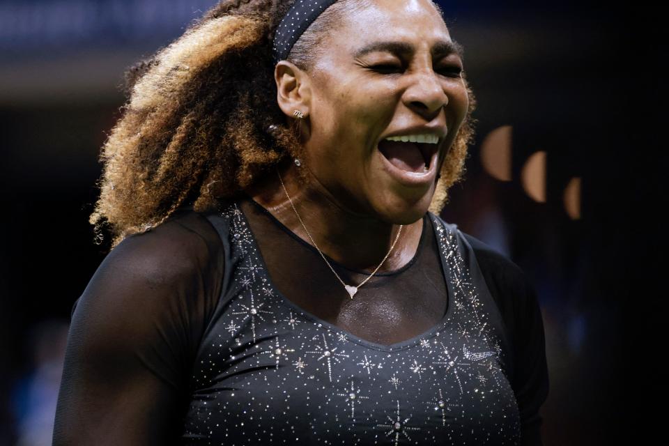 USA's Serena Williams reacts after a point during her 2022 US Open Tennis tournament women's singles second round match against Estonia's Anett Kontaveit at the USTA Billie Jean King National Tennis Center in New York, on August 31, 2022. (Photo by KENA BETANCUR / AFP) (Photo by KENA BETANCUR/AFP via Getty Images)