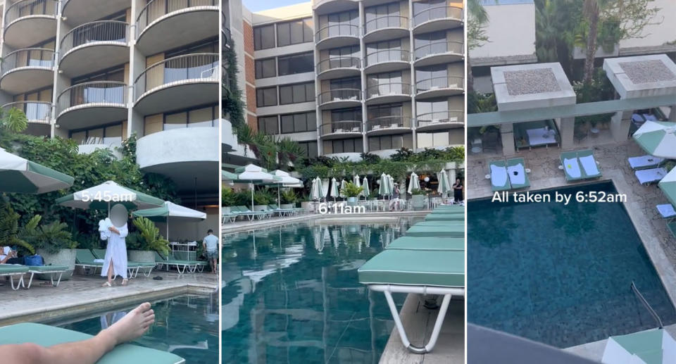 Guests filmed placing towels on sunbeds at The Calile Hotel pool in Brisbane. 