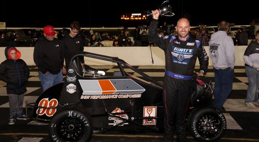 Bobby Santos charged form 10th to 1st to win Friday night's Carb Night Classic USAC Midget Special Event feature at Lucas Oil Indianapolis Raceway Park.