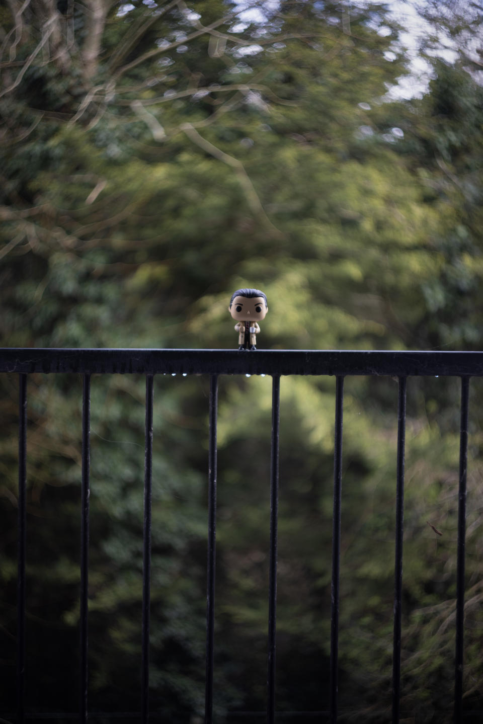 Helios 44-2 sample image, illustrating the swirly bokeh effect with a Pop! figure against a blurry woodland background