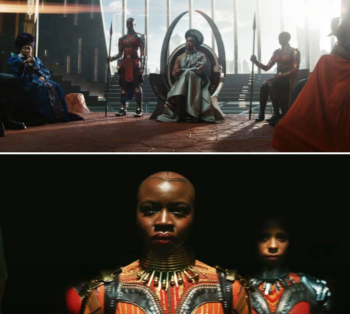 Screen shots from "Black Panther: Wakanda Forever" of Queen Ramonda and Okoye