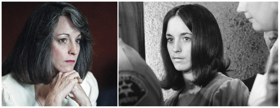 FILE - This combination of file photos shows Susan Atkins, left, during a parole hearing at the California Institution for Women in Corona, Calif., on Dec. 20, 1989, and at right leaving the Los Angeles County Mens' Central Jail after meeting with co-defendant Charles Manson on March 6, 1970. Leslie Van Houten, one of Manson's followers, was released from prison on parole on July 11, 2023. (AP Photo/Files)