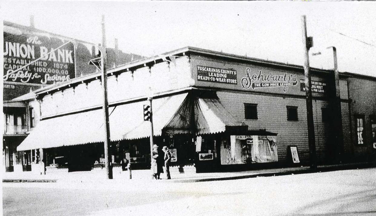 A sign advertising the Union Bank of Uhrichsville can be seen in this photo. The bank closed in 1936.