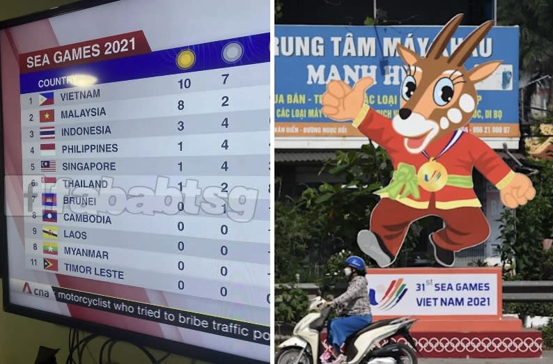 CNA's mismatched SEA Games medal tally table and the logo of the 31st SEA Games in Hanoi. (SCREENSHOT: Social media/PHOTO: Nhac Nguyen/AFP via Getty Images)