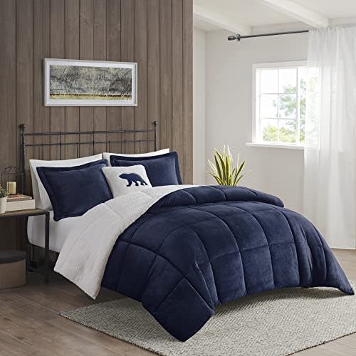 Woolrich Reversible Comforter Set Ultra Soft Plush to Sherpa, Down Alternative, Cold Weather Winter Warm Bedding, with Matching Sham, Decorative Pillow Navy/Ivory Full/Queen 4 Piece (AMAZON)