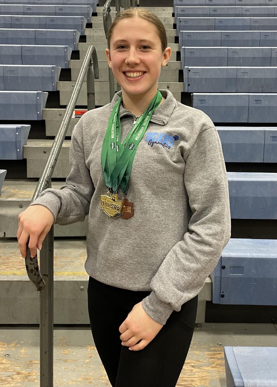Olentangy Berlin freshman Tayten Swain won the all-around, floor exercise and vault at the district meet Saturday at Worthington Kilbourne.
