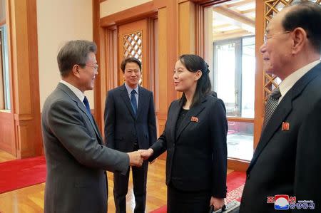 South Korean President Moon Jae-in meets with a high-level delegation of the Democratic People's Republic of Korea led by Kim Yong Nam, president of the Presidium of the Supreme People's Assembly, at the Presidential Blue House in Seoul, South Korea in this undated photo released by North Korea's Korean Central News Agency (KCNA) February 10, 2018. KCNA/via REUTERS