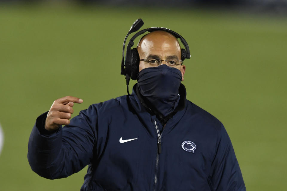 Penn State head coach James Franklin talks with an offical against Ohio State during an NCAA college football game in State College, Pa., on Saturday, Oct. 31, 2020. Ohio State defeated Penn State 38-25. (AP Photo/Barry Reeger)