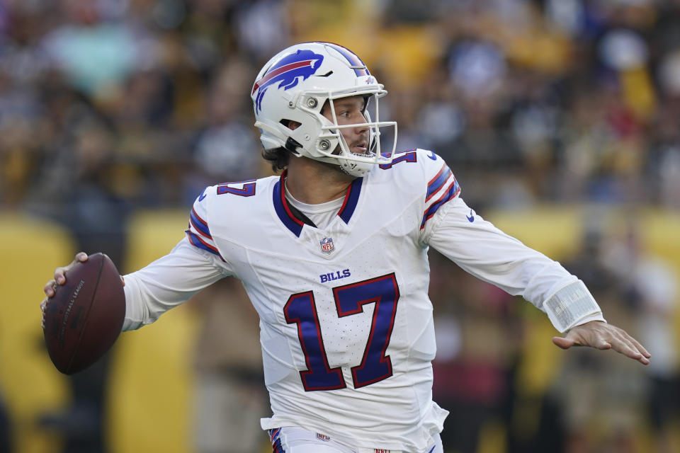 Buffalo Bills quarterback Josh Allen (17) looks to pass in the first half of an NFL preseason football game against the Pittsburgh Steelers, in Pittsburgh, Saturday, Aug. 19, 2023. (AP Photo/Matt Freed)