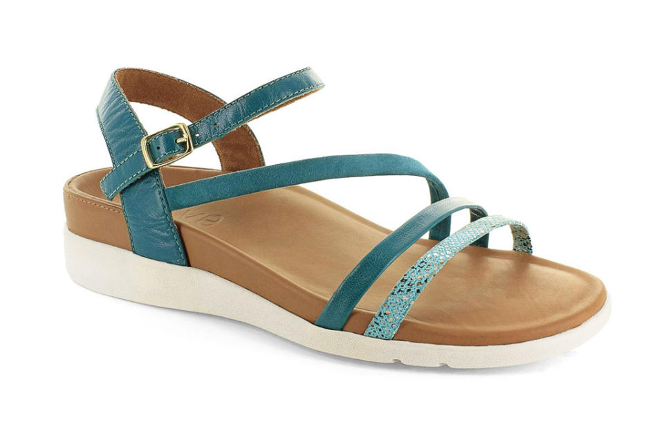 Strive’s Anguila sandal with slight wedge and slim multi straps.