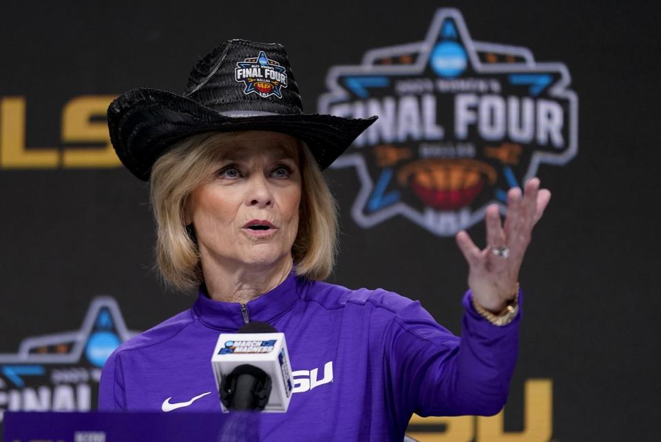 LSU head coach Kim Mulkey answers questions during a news conference before a practice session for an NCAA Women's Final Four semifinals basketball game Thursday, March 30, 2023, in Dallas. (AP Photo/Tony Gutierrez)