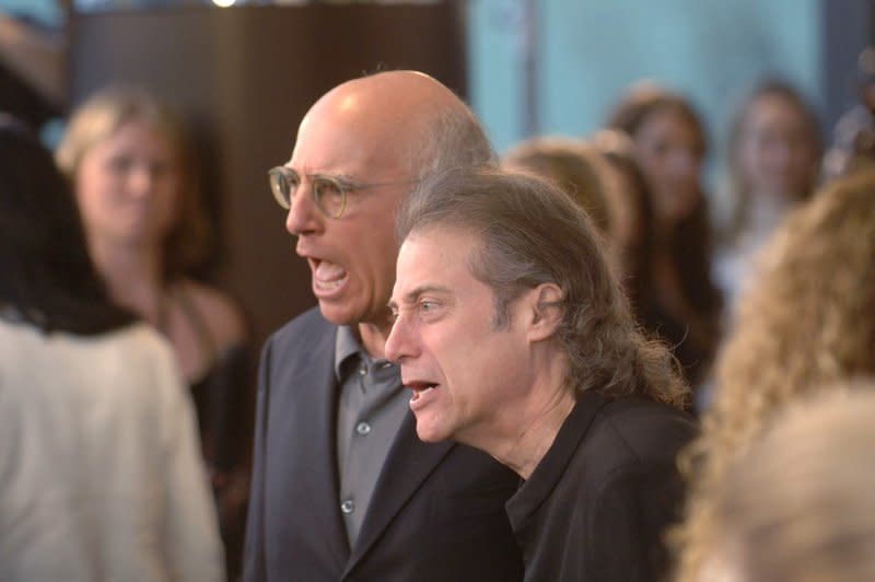 Richard Lewis (R) filmed scenes for this season's "Curb Your Enthusiasm" with Larry David. File Photo by Phil McCarten/UPI