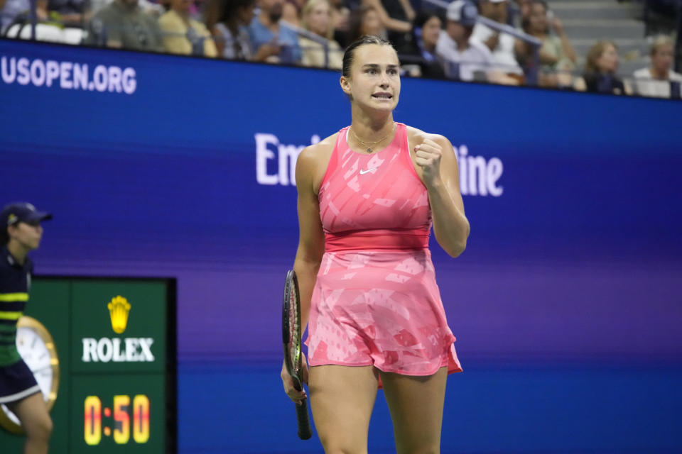 Aryna Sabalenka, of Belarus, reacts during a match against Madison Keys, of the United States, during the women's singles semifinals of the U.S. Open tennis championships, Thursday, Sept. 7, 2023, in New York. (AP Photo/John Minchillo)