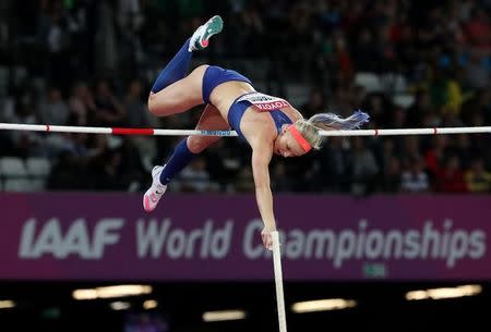 FILE PHOTO - Athletics - World Athletics Championships - Women's Pole Vault Final – London Stadium, London, Britain - August 6, 2017. Sandi Morris of the U.S. in action. REUTERS/Kevin Coombs