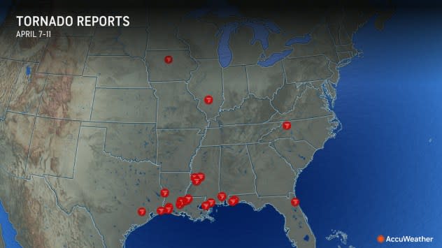 NWS spotter reports of tornadoes between April 7, 2042 and April 11, 2024.