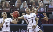 South Carolina guard Zia Cooke (1) shoots against Ole Miss during the first half of an NCAA college basketball game in Columbia, S.C., Thursday, Feb. 25, 2021. (Tracy Glantz/The State via AP)