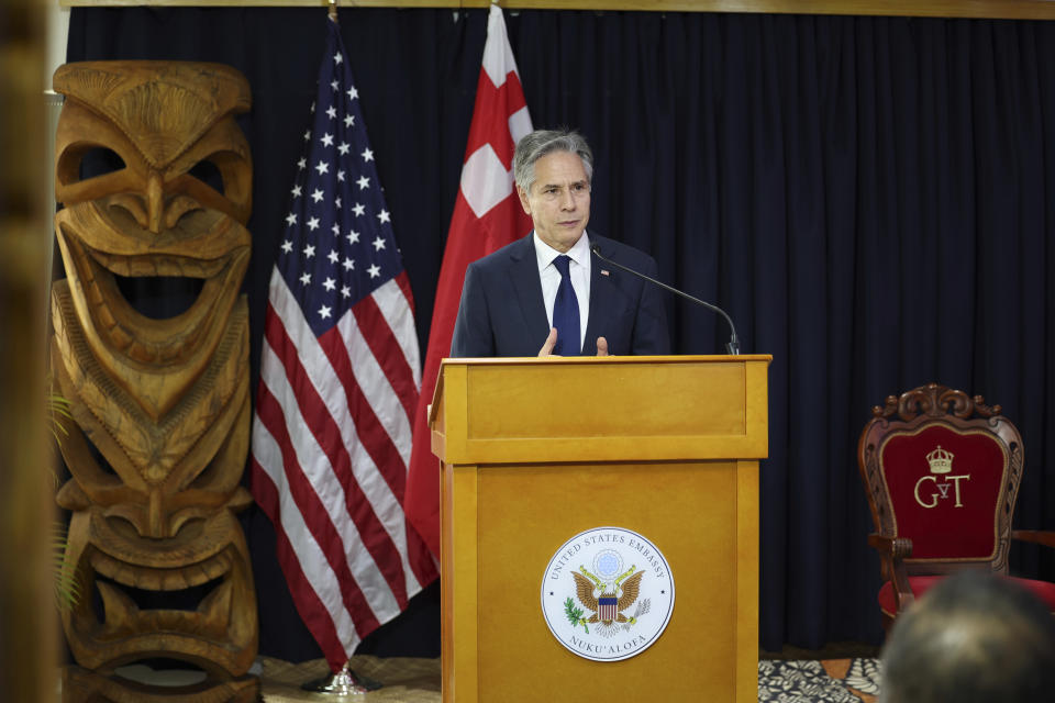 U.S. Secretary of State Antony Blinken speaks as he attends the dedication of the new U.S. Embassy in Nuku'alofa, Tonga Wednesday, July 26, 2023. Blinken visited the tiny kingdom of Tonga on Wednesday, as the United States continues to increase its diplomatic efforts in the Pacific while China's influence in the region grows. (Tupou Vaipulu/Pool Photo via AP)