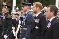 <p>The Prince of Wales, the Duke of Sussex and Peter Phillips follow the State Gun Carriage carrying their grandmother's coffin as it leaves Westminster Hall for Westminster Abbey. (PA)</p> 