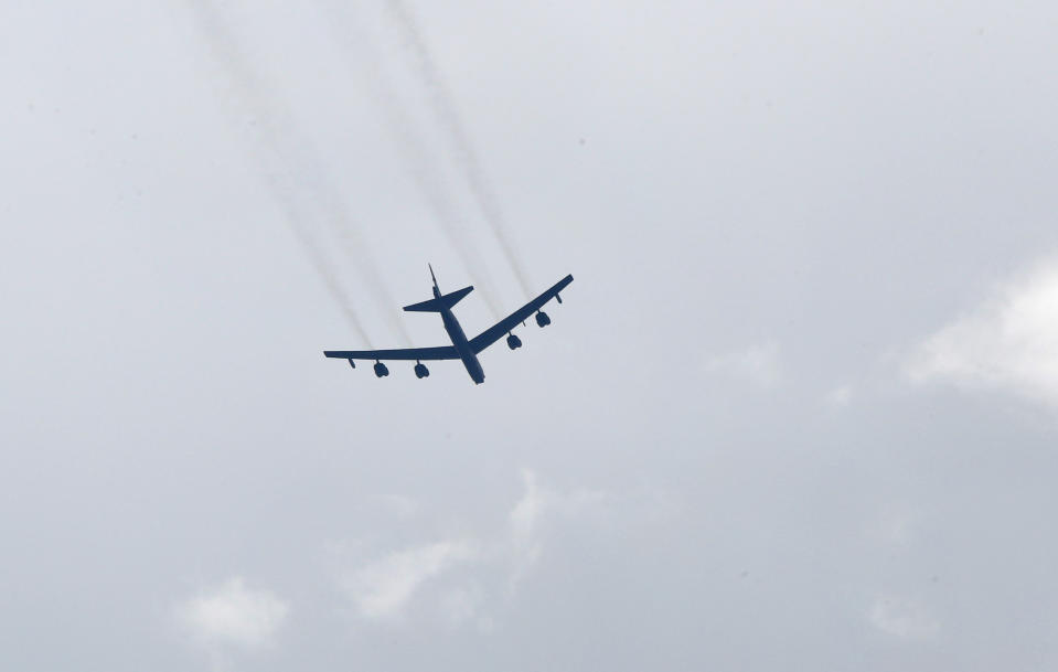 U.S. Air Force B-52 Stratofortress aircraft flies over North Macedonia's capital Skopje, on Monday, Aug. 22, 2022. Two U.S. Air Force B-52 Stratofortress aircrafts assigned to the 23rd Bomb Squadron currently operating out of RAF Fairford, United Kingdom, conducted low approach flyovers on Monday over Southeastern Europe, including North Macedonia, Albania, Montenegro and Croatia. The purpose of each flyover is to demonstrate U.S. commitment and assurance to NATO Allies and partners located in Southeastern Europe. (AP Photo/Boris Grdanoski)