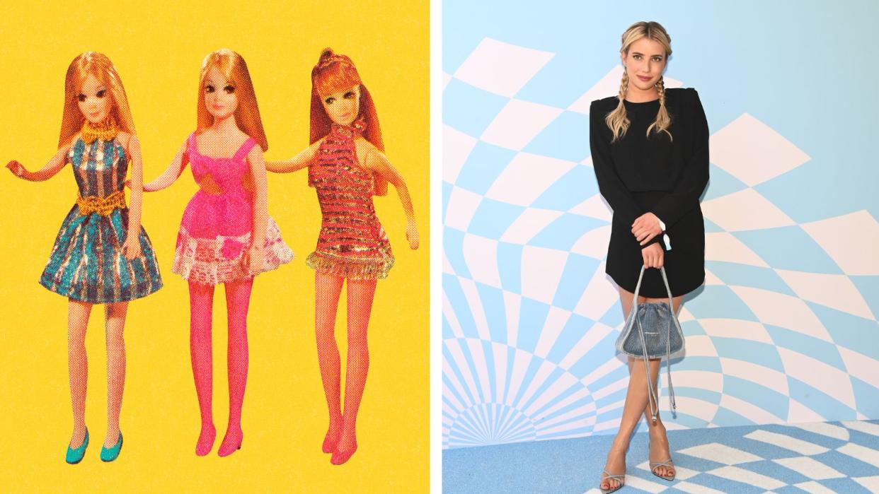  Three vintage dolls in pink outfits on a yellow background next to Emma Roberts in a black long-sleeved dress standing in front of a baby blue gingham wall. 