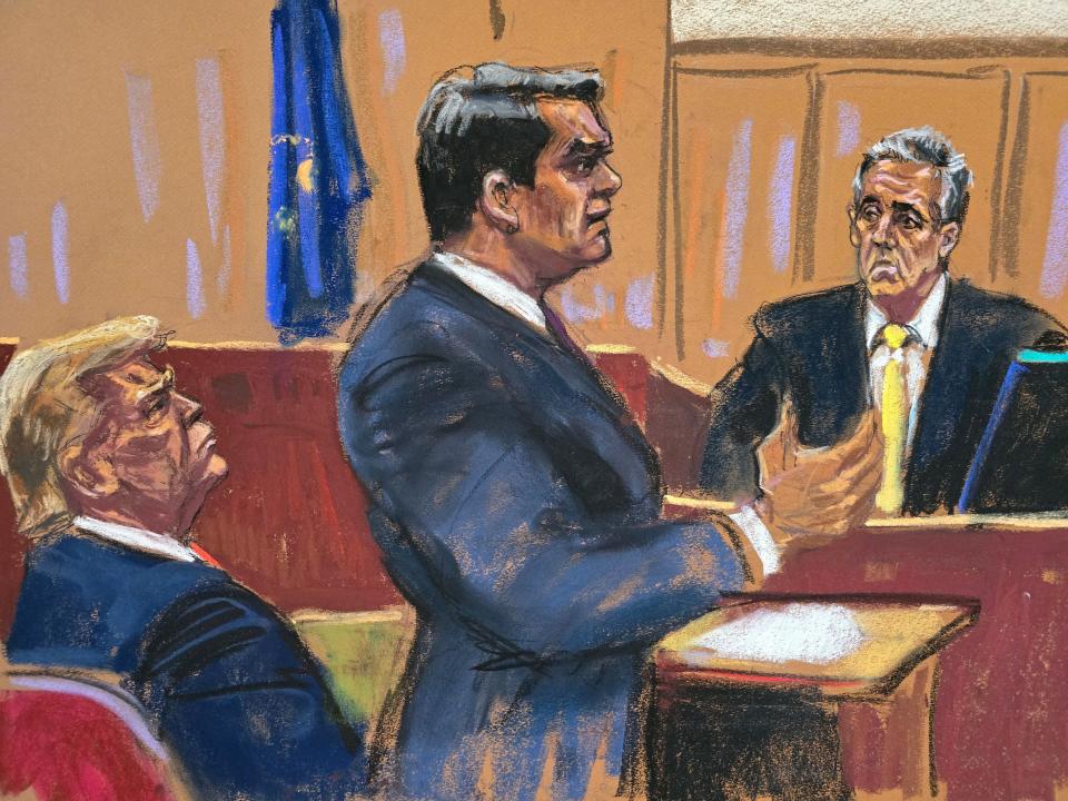 A courtroom sketch shows Michael Cohen testifying during Trump's Manhattan criminal trial