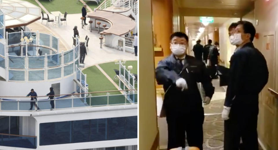 Officials roam the Diamond Princess cruise ship during the lockdown and testing process. Source: AP/ Twitter