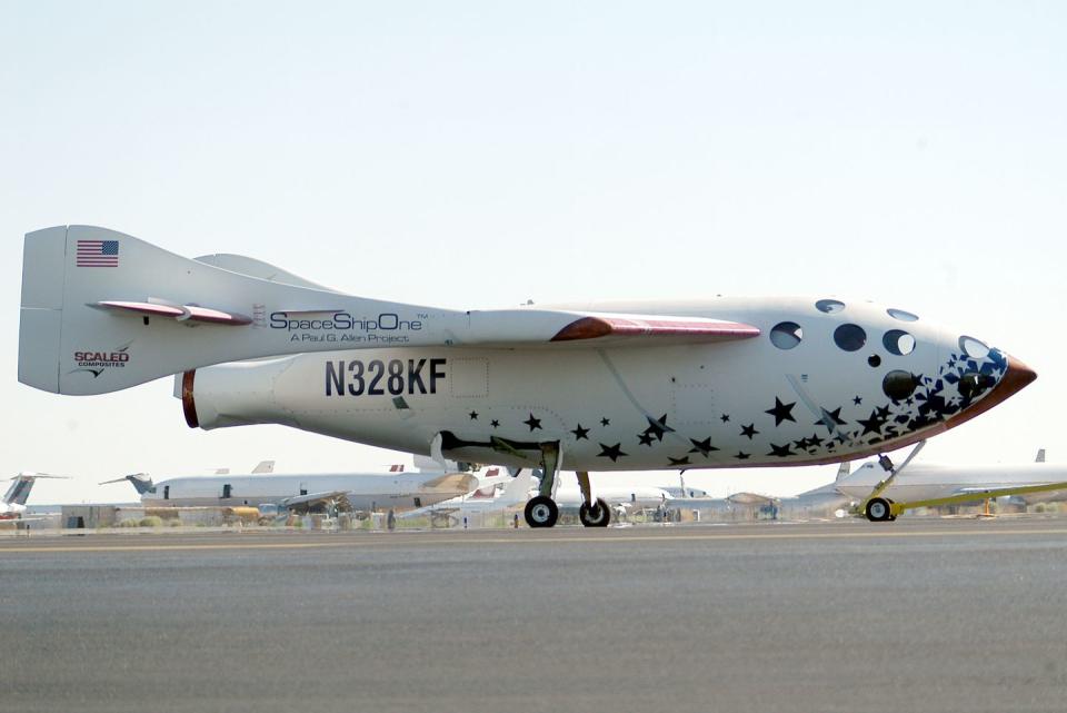 <p>Destined to become the first private space plane, SpaceShipOne made its initial flights in 2003—first in a glide and then with rocket power. The following year, the craft <a href="https://airandspace.si.edu/collection-objects/spaceshipone/nasm_A20050459000" rel="nofollow noopener" target="_blank" data-ylk="slk:earned the Ansari X Prize;elm:context_link;itc:0;sec:content-canvas" class="link ">earned the Ansari X Prize</a> for its brief sojourns above the atmosphere and into the record books. </p>