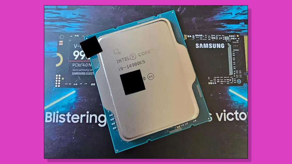 A purported Intel Core i9-14900KS chip against a pink background