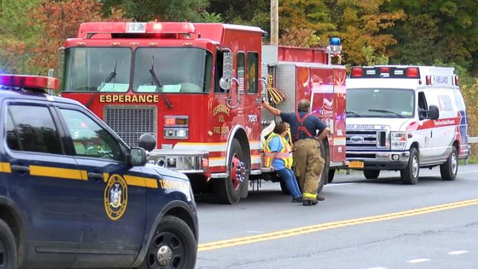 Emergency personnel respond to the scene of a deadly crash involving a limousine in Schoharie. Image: AP