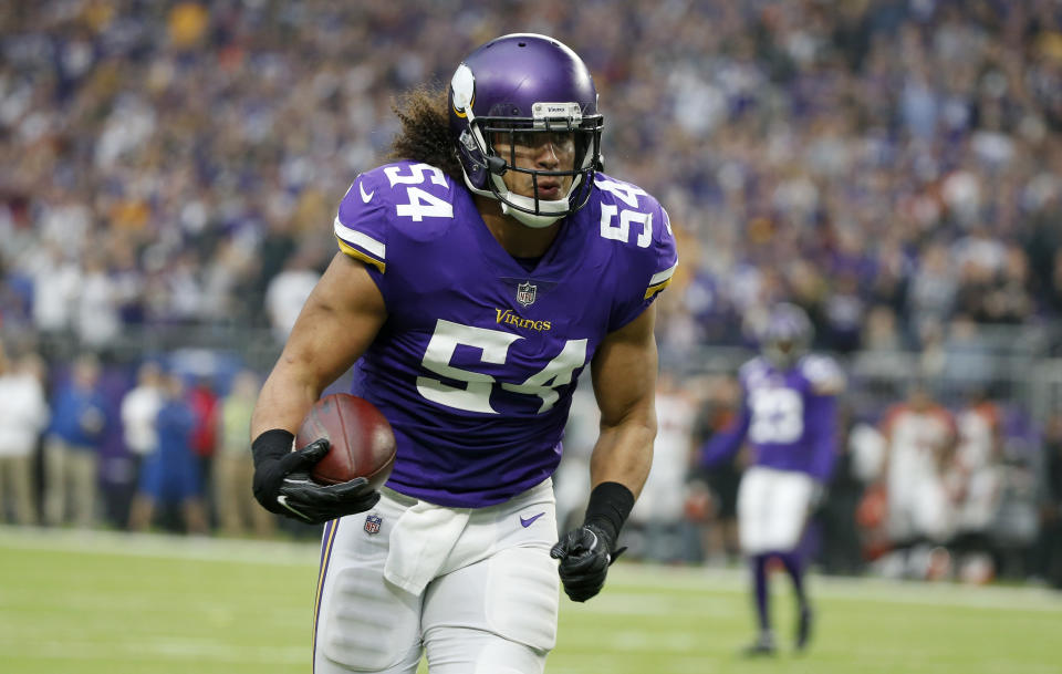 Vikings inside linebacker Eric Kendricks returns an interception for a touchdown this season against the Cincinnati Bengals. (AP)