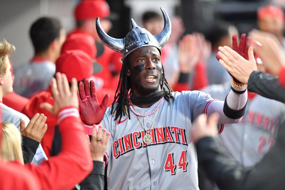 Apr 12, 2024; Chicago, Illinois, USA; Cincinnati Reds shortstop Elly De La Cruz (44) celebrates his three-run home run with teammates in the dugout during the third inning against Chicago White Sox at Guaranteed Rate Field. Mandatory Credit: Patrick Gorski-USA TODAY Sports