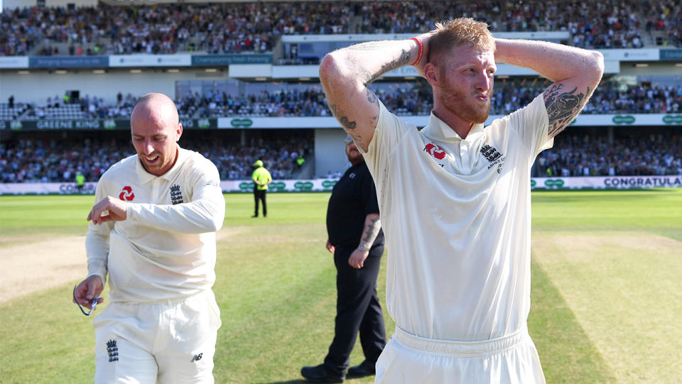 Ben Stokes of England celebrates with Jack Leach after hitting the winning runs to win the 3rd Ashes Test match between in Leeds, England. (Photo by Gareth Copley/Getty Images)