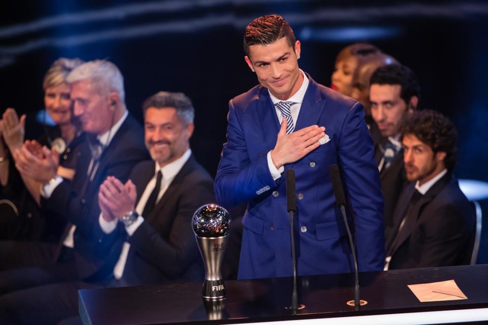 <p>FIFA player of the year Cristiano Ronaldo shows his delight </p>