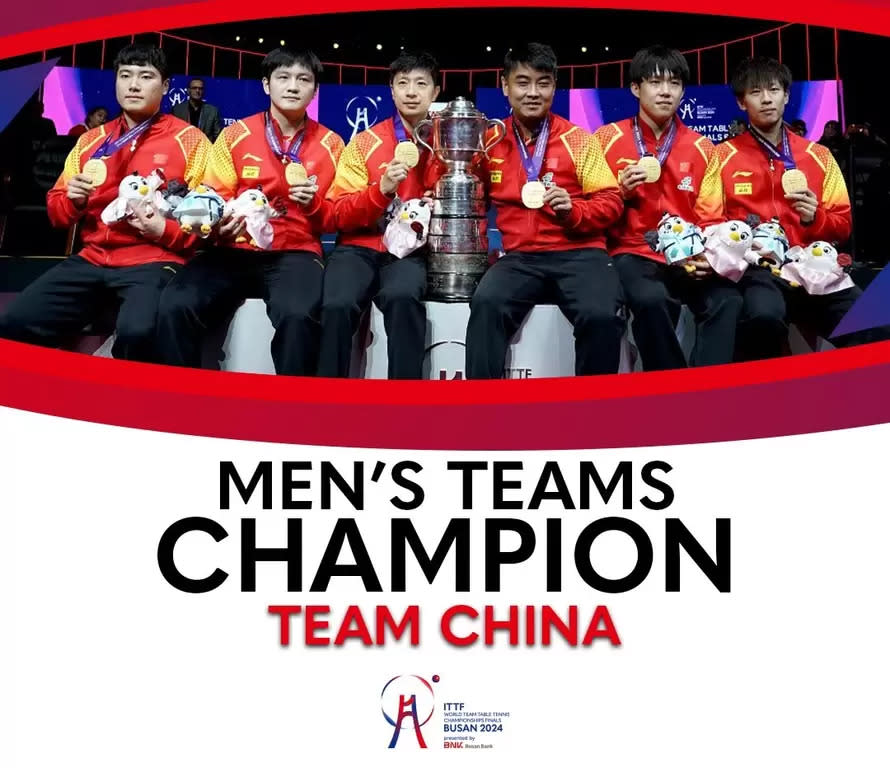 中國男團達成11連霸。摘自國際桌總推特