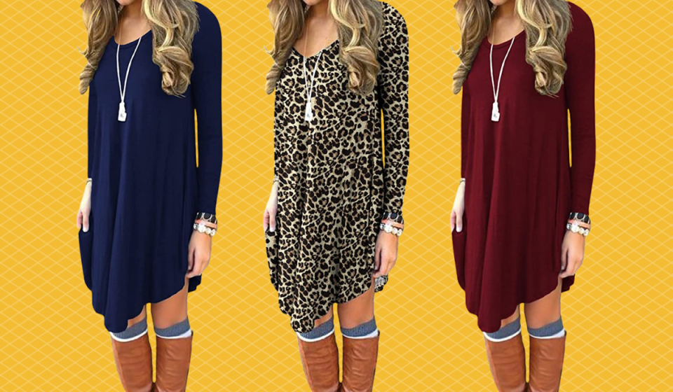 A photo of three fall dresses.