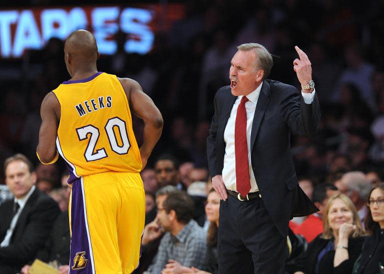 Los Angeles Lakers coach Mike D'Antoni reacts during the game against the Los Angeles Clippers on March 6, 2014 at Staples Center in Los Angeles, California