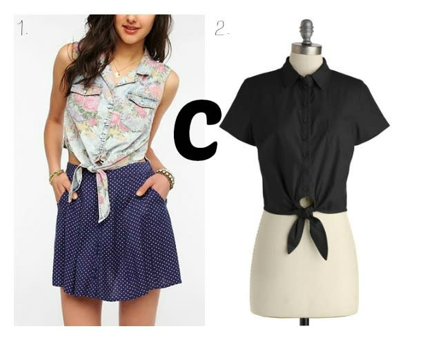 <div class="caption-credit"> Photo by: Michelle Horton</div><b>C is for Cute Tie-Front Tops <br></b> This trend combines the 90s cropped top with a retro 50s vibe - and it looks especially cute with high-waisted bottoms or full A-line skirts. <br> <i>Buy these tie-front tops from <a rel="nofollow noopener" href="http://www.urbanoutfitters.com/urban/catalog/productdetail.jsp?id=27304971&parentid=W_TOPS" target="_blank" data-ylk="slk:Urban Outfitters;elm:context_link;itc:0;sec:content-canvas" class="link ">Urban Outfitters</a></i>