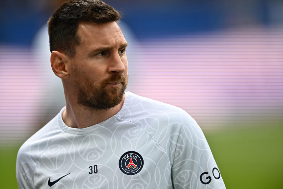 PARIS, FRANCE - APRIL 30: Lionel Messi of PSG during the Ligue 1 match between Paris Saint-Germain and FC Lorient at Parc des Princes on April 30, 2023 in Paris, France. (Photo by Sebastian Frej/MB Media/Getty Images)