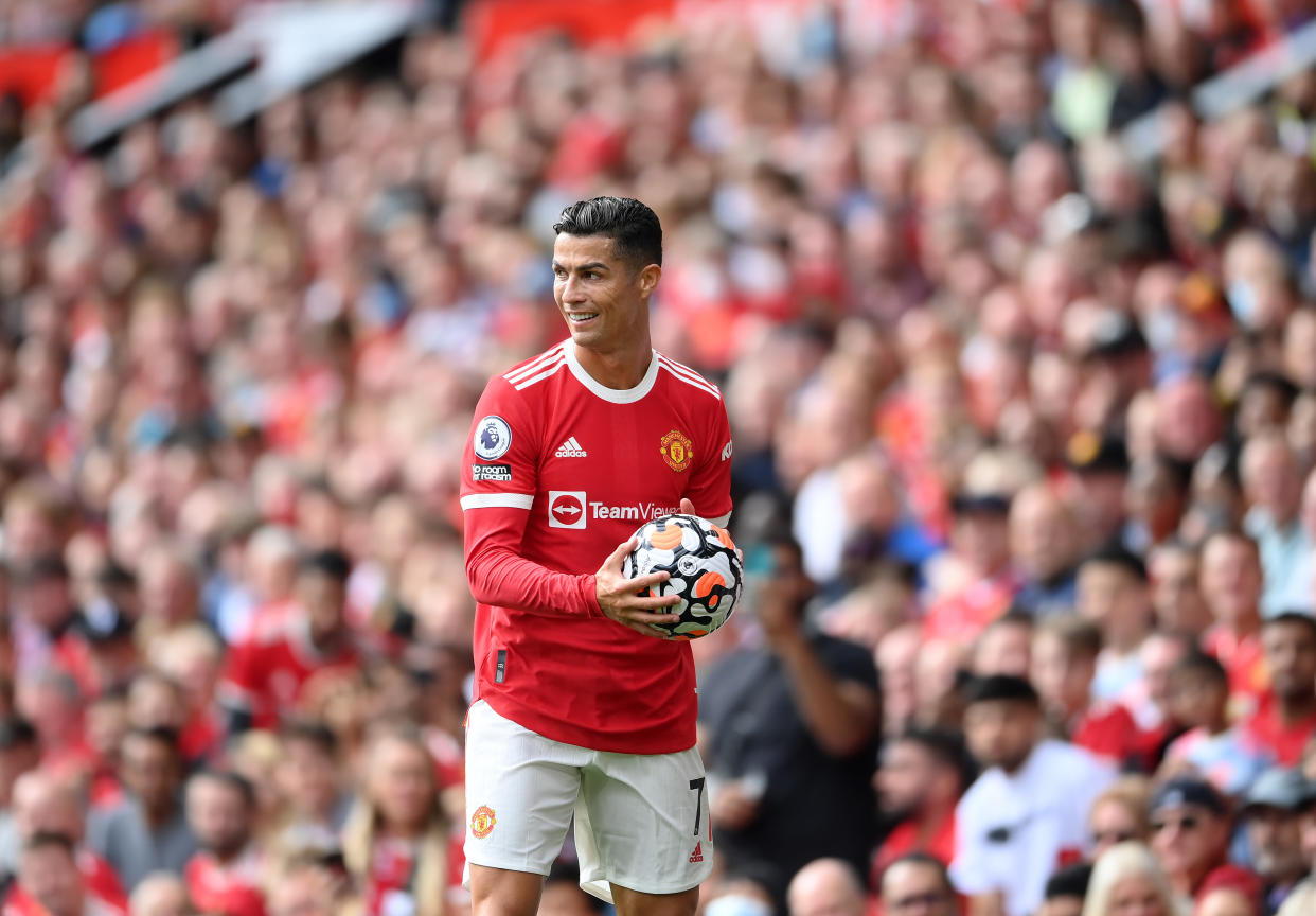 MANCHESTER, ENGLAND - SEPTEMBER 11: Cristiano Ronaldo of Manchester United smiles during the Premier League match between Manchester United and Newcastle United at Old Trafford on September 11, 2021 in Manchester, England. (Photo by Laurence Griffiths/Getty Images)